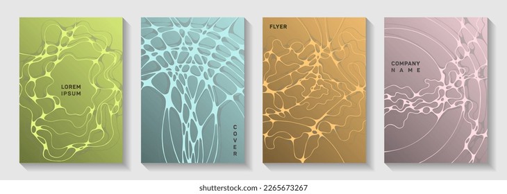 Pharmaceutical healthcare vector covers with neurons, synapses. Curly curve lines ornament textures. Tracery brochure vector layouts. Microbiology science covers.