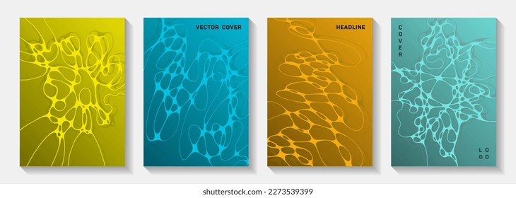 Pharmaceutical healthcare vector covers with neurons, synapses. Intersecting curve lines grid backgrounds. Creative notebook vector layouts. Chemistry or physics covers.