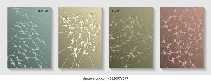 Pharmaceutical healthcare vector covers with neurons, synapses. Liquid waves flux backgrounds. Abstract notebook vector templates. Laboratory research report covers.
