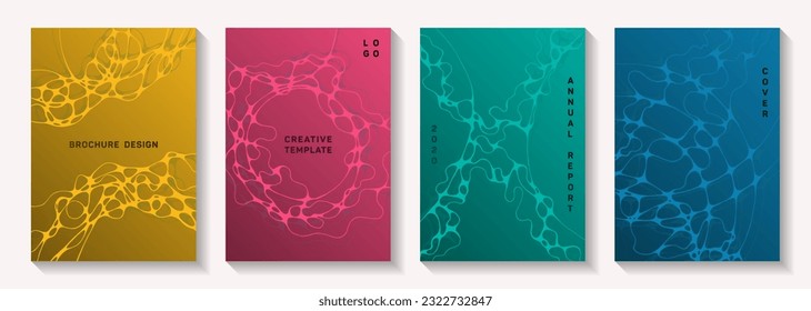 Pharmaceutical healthcare vector covers with neurons, synapses. Curly curve lines plexus textures. Flat title page vector templates. Healthcare and hygiene covers.