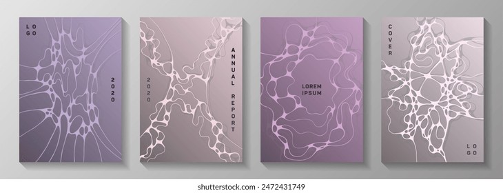 Pharmaceutical healthcare vector covers with neurons, synapses. Crossed curve lines tissue backgrounds. Minimal title page vector templates. Neuroscience covers design.