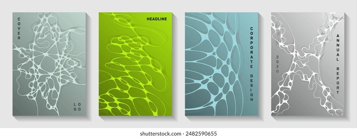 Pharmaceutical healthcare vector covers with neurons, synapses. Intersecting curve lines plexus textures. Subtle brochure vector templates. Laboratory research report covers.