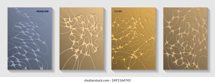 Pharmaceutical healthcare vector covers with neurons, synapses. Overlaying waves net textures. Trendy title page vector layouts. Neurology scientific covers.