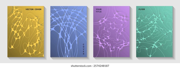 Pharmaceutical healthcare vector covers with neurons, synapses. Bent curve lines ornament backgrounds. Soft magazine vector templates. Neurology scientific covers.