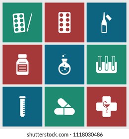 Pharmaceutical icon. collection of 9 pharmaceutical filled icons such as paints, pill, ampoule, test tube, medicine. editable pharmaceutical icons for web and mobile.