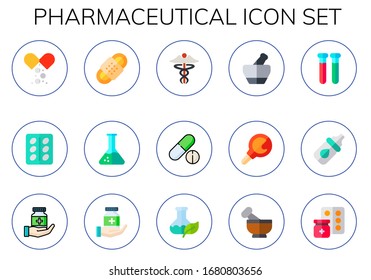 pharmaceutical icon set. 15 flat pharmaceutical icons. Included medicine, pill, bandage, flask, drugs, mortar, enema, test tubes, eye drops icons