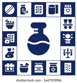 pharmaceutical icon set. 17 filled pharmaceutical icons.  Simple modern icons such as: Pill, Mortar, Medicine, Flask, Test tubes, Chemical reaction, Bandages, Drug, Pills