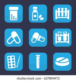 Pharmaceutical icon. set of 9 filled pharmaceutical icons such as paints, test tube, pill, medicine bottle