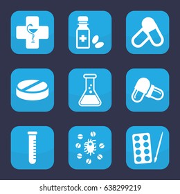 Pharmaceutical icon. set of 9 filled pharmaceutical icons such as paints, pill, medicine bottle, pharmacy, virus and pills