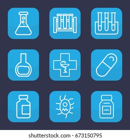 Pharmaceutical icon. set of 9 outline pharmaceutical icons such as medical bottle, test tube, pill, medicine, pharmacy