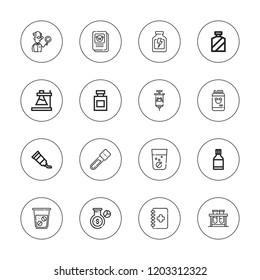 Pharmaceutical icon set. collection of 16 outline pharmaceutical icons with blood sample, flask, effervescent, medicine, pills, scientist, test tubes, tube, vaccination icons.
