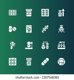 pharmaceutical icon set. Collection of 16 filled pharmaceutical icons included Medicine, Bandage, Pills, Test tube, Flask, Hub