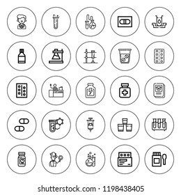Pharmaceutical icon set. collection of 25 outline pharmaceutical icons with flask, drugs, medicine, pharmacist, pill, pills, scientist, shot, test tube icons. editable icons.