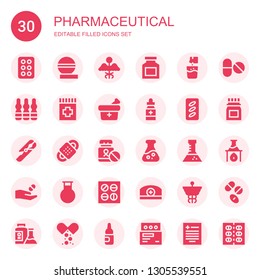 pharmaceutical icon set. Collection of 30 filled pharmaceutical icons included Drug, Pills, Medicine, Effervescent, Ampoule, Test tube, Bandage, Flask, Pharmacist, Caduceus, Drugs