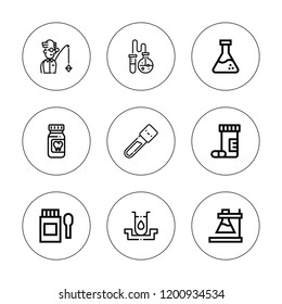 Pharmaceutical icon set. collection of 9 outline pharmaceutical icons with blood sample, flask, drugs, medicine, scientist icons. editable icons.
