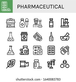 pharmaceutical icon set. Collection of Pills, Pharmacy, Medicine, Chemist, Drug container, Test tube, Flask, Eye drops, Mortar, Blister pack, Tube, Experimentation, Plaster icons