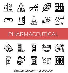 pharmaceutical icon set. Collection of Test tube, Plaster, Pharmacist, Blister pack, Mortar, Flask, Experimentation, Medicine, Pills, Drugs, Tube icons