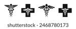 Pharmaceutical icon set. Medical cross, rod and snake symbol. Pharmacy icons.