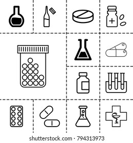 Pharmaceutical icons. set of 13 editable outline pharmaceutical icons such as test tube, pill, medical bottle, ampoule, medicine bottle, pharmacy