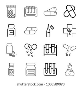 Pharmaceutical icons. set of 16 editable outline pharmaceutical icons such as pill, test tube, ampoule, medicine, pharmacy, bottle pills