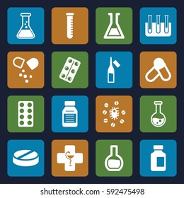 pharmaceutical icons set. Set of 16 pharmaceutical filled icons such as pill, medical bottle, ampoule, test tube, medical pills, medicine, pharmacy