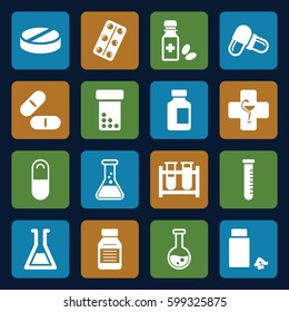 pharmaceutical icons set. Set of 16 pharmaceutical filled icons such as test tube, pill, medical bottle, medicine, medical pills, medicine bottle, pharmacy