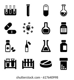 Pharmaceutical icons set. set of 16 pharmaceutical filled icons such as test tube, pill, medical bottle, ampoule, medicine bottle, medicine, virus and pills