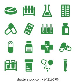 Pharmaceutical icons set. set of 16 pharmaceutical filled icons such as test tube, pill, medical bottle, medical pills, medicine, pharmacy