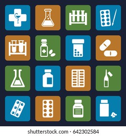 Pharmaceutical icons set. set of 16 pharmaceutical filled icons such as paints, test tube, pill, medical bottle, ampoule, medicine, medical pills, medicine bottle, pharmacy