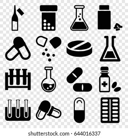 Pharmaceutical icons set. set of 16 pharmaceutical filled icons such as pill, ampoule, medicine, test tube, medicine bottle