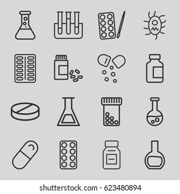 Pharmaceutical icons set. set of 16 pharmaceutical outline icons such as paints, pill, medical bottle, medicine, test tube, virus and pills