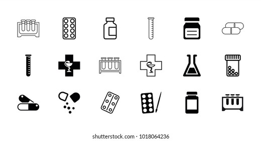 Ícones farmacêuticos. conjunto de 18 ícones farmacêuticos editáveis preenchidos e delineados: tintas, pílula, tubo de teste, comprimidos de garrafa, frasco médico, pílulas médicas, farmácia