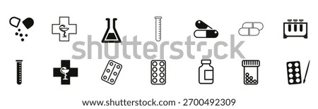 Pharmaceutical icons. set of 18 editable filled and outline pharmaceutical icons paints, pill, test tube, bottle pills, medical bottle, medical pills, pharmacy