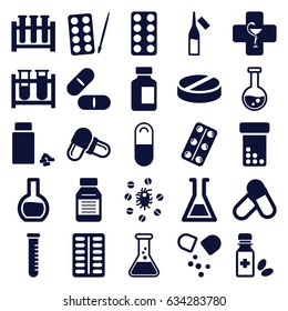 Pharmaceutical icons set. set of 25 pharmaceutical filled icons such as paints, test tube, pill, medical bottle, ampoule, medicine, medical pills, medicine bottle, pharmacy