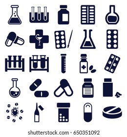 Pharmaceutical icons set. set of 25 pharmaceutical filled icons such as paints, test tube, pill, medical bottle, ampoule, medicine, medical pills, medicine bottle, pharmacy