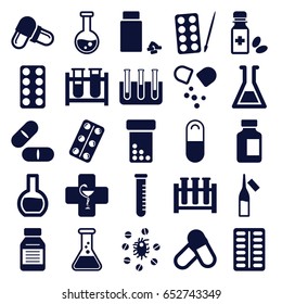 Pharmaceutical icons set. set of 25 pharmaceutical filled icons such as paints, test tube, pill, medical bottle, ampoule, medicine, medical pills, medicine bottle, pharmacy