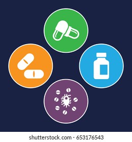 Pharmaceutical icons set. set of 4 pharmaceutical filled icons such as pill, medical bottle