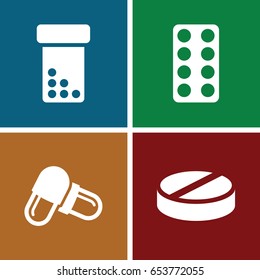 Pharmaceutical icons set. set of 4 pharmaceutical filled icons such as pill