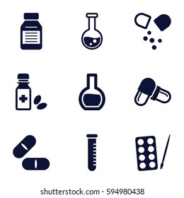 pharmaceutical icons set. Set of 9 pharmaceutical filled icons such as paints, pill, medicine bottle, medicine