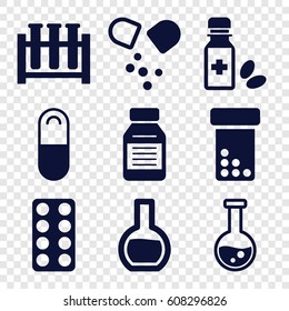 Pharmaceutical icons set. set of 9 pharmaceutical filled icons such as pill, medicine bottle, medicine, test tube