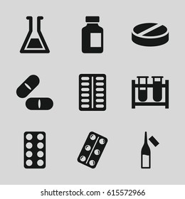 Pharmaceutical icons set. set of 9 pharmaceutical filled icons such as test tube, pill, medical bottle, ampoule