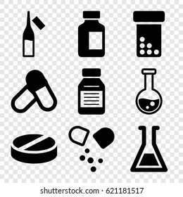 Pharmaceutical icons set. set of 9 pharmaceutical filled icons such as pill, medical bottle, ampoule, medicine, test tube