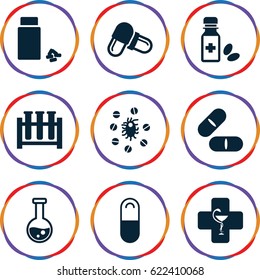 Pharmaceutical icons set. set of 9 pharmaceutical filled icons such as pill, medicine, medicine bottle, pharmacy, virus and pills