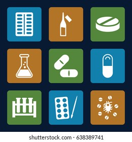 Pharmaceutical icons set. set of 9 pharmaceutical filled icons such as paints, pill, ampoule, virus and pills