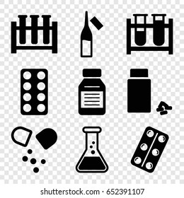 Pharmaceutical icons set. set of 9 pharmaceutical filled icons such as test tube, pill, ampoule, medicine