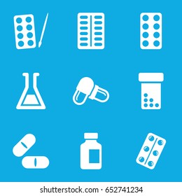 Pharmaceutical icons set. set of 9 pharmaceutical filled icons such as paints, pill, medical bottle, medical pills, test tube