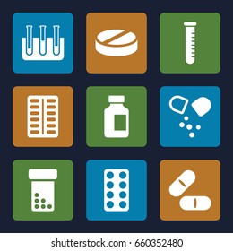 Pharmaceutical icons set. set of 9 pharmaceutical filled icons such as pill, medical bottle, test tube