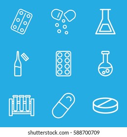 pharmaceutical icons set. Set of 9 pharmaceutical outline icons such as pill, ampoule, medical pills