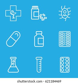 Pharmaceutical icons set. set of 9 pharmaceutical outline icons such as pill, medical bottle, medicine, pharmacy, virus and pills