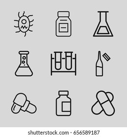 Pharmaceutical icons set. set of 9 pharmaceutical outline icons such as test tube, pill, medical bottle, ampoule, medicine